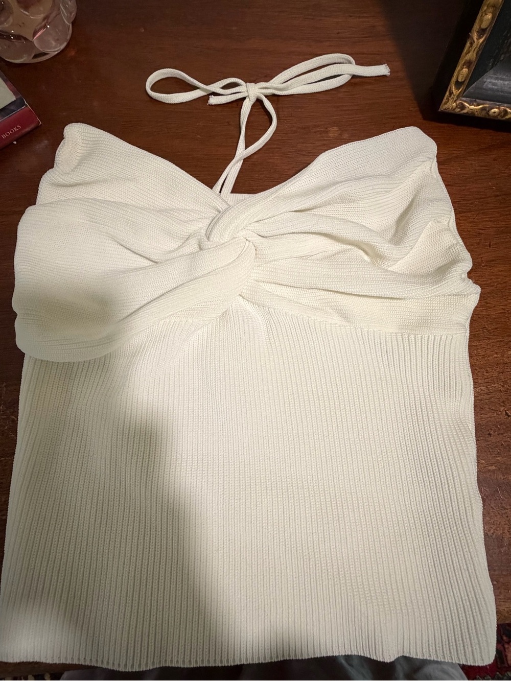Women’s Ivory Knit Twist-Front Halter Crop Top